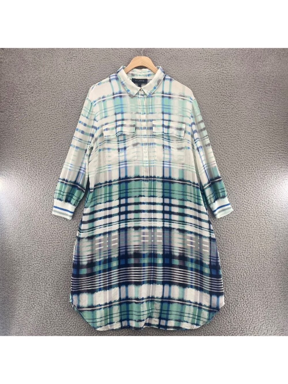 St John Dress Women Medium Blue Green Plaid Silk Stretch Button Up Shirt Pocket*